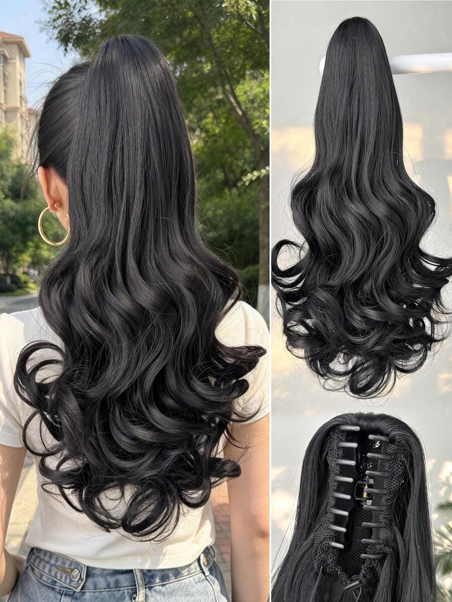 HEYPINK Claw-Shaped Ponytail Hair Extension, 26-28 Inch Brown Long Natural Wavy Curly, Heat-Resistant Synthetic Fiber Ponytail Wig, Suitable For Women's Daily Wear, Halloween