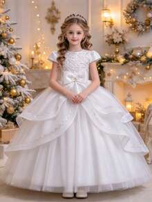 Girls' Embroidered Extra Full Skirt Princess Dress, Elegant Flower Girl Dress For Wedding, Birthday, Evening Party, Holiday, Host, Piano Performance, Formal Occasion - White - View 1