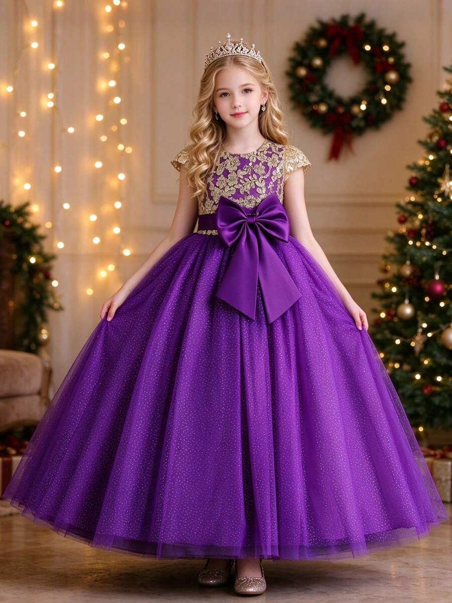 少女蝴蝶婚紗公主禮服 女孩禮服 花童婚禮生日派對節日聚會 主持鋼琴表演晚禮服 - 紫色 - 查看 1