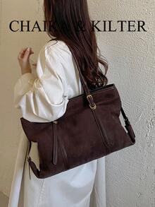 1pc Simple Buckle Suede Fabric Shoulder Tote Bag, Suitable For Commuting, Shopping, Etc. - Coffee - View 13