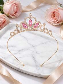 1pc European & American Fashion Exquisite Alloy Bridal Crown, Suitable For Women's Wedding Party Hair Accessory, Queen Princess Party Headpiece - Gold Pink - View 3