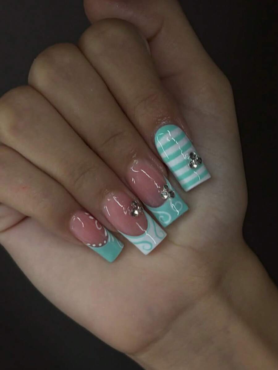 24pcs Medium Length Square Green Striped French Tip False Nails With Rhinestones, Nail Set Includes 1pc Jelly Glue And 1pc Nail File, Fall Nails Suitable For Women's Daily Work, Party And Other Occasions