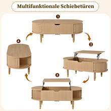 Living Room Coffee Table, Lift-Top Center Table With Storage, MDF, Rubberwood Legs, Fluted Sliding Door - Oak - View 6