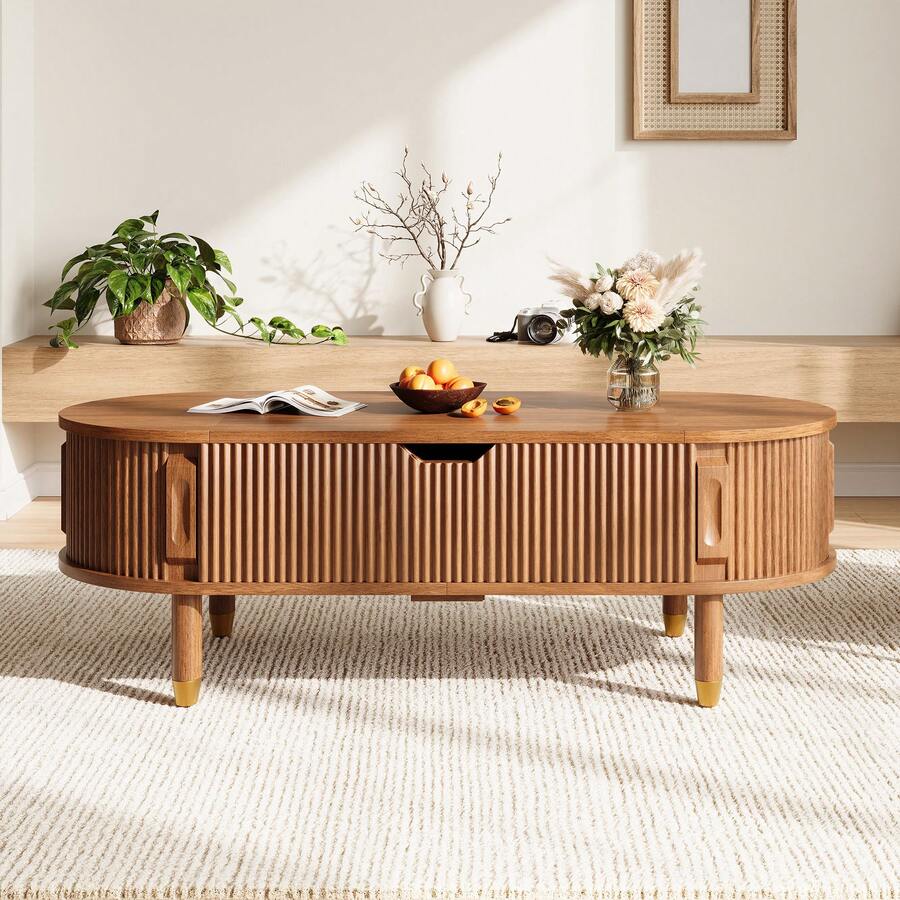 Living Room Coffee Table, Lift-Top Center Table With Storage, MDF, Rubberwood Legs, Fluted Sliding Door - Walnut Wood Color - View 1