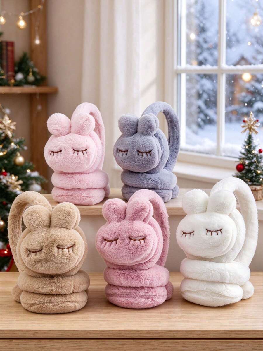 Cute Plush Bunny Kids Earmuffs, Soft Faux Fur Sleeping‑Eye Rabbit Ear Warmers For Girls, Foldable Winter Cold Weather Ear Protection - Multicolor - View 1