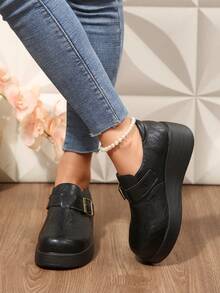 Women's Leather Thick Sole Wedge Loafers With Metal Square Buckle Decor, Round Toe, Comfortable Slip-On Casual Shoes For Home - Black - View 6