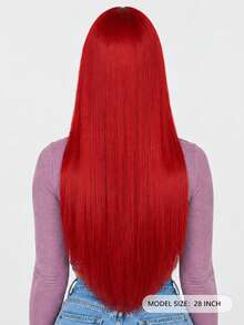 Fashionable Elegant 28 Inch Red Middle Part Wig, Comfortable And Breathable Long Straight Wig Suitable For All Women's Party And Ball Dress-Up - Red - View 5