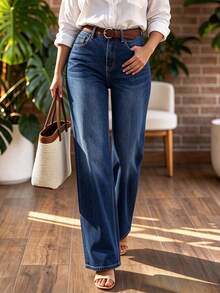 Women's Casual Elegant Washed High Elasticity Wide Leg Long Jeans With Button Detail, Autumn Outfit Halloween - Blue - View 1