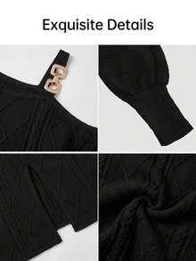 AIJ Amarilo Women's Elegant Cold Shoulder Mid-Length Fitted Dress, Diamond Cable Knit Texture, Puff Sleeves, Metal Chain Shoulder Straps, Back Slit, Black, Suitable For Autumn/Winter Daily Commute, Date, Evening Party, Halloween - Black - View 6