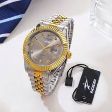 RICECGO A Men's Quartz Wristwatch With A Two-Tone Stainless Steel Bracelet And Dual Calendar Display-Perfect For Commuting, Social Gatherings, Or As A Gift - Multicolor - View 14