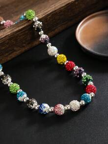 1pc Vintage Colorful Rhinestone Beaded Necklace, Heavy-Duty Shiny Beaded Choker Street Style Fashion Accessory, Suitable For Christmas, New Year, Valentine's Day And Other Holidays. - White K - View 3