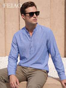 Men's Vintage Oxford Cotton Long Sleeve Shirt, Fashionable Casual Versatile, Suitable For Commuting And Vacation - Blue - View 1