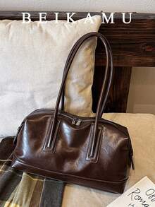 Women's Vintage Oil Wax PU Shoulder Bag, Slim Strap Zipper Tote Bag, Large Capacity Commuter Handbag - Coffee - View 8
