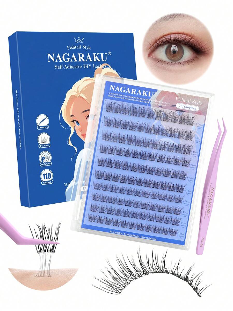110 Clusters NAGARAKU Fish Tail Fairy Manga Style Cluster False Eyelashes, Includes Tweezers, Long-Lasting Waterproof, DIY Beginner Friendly, Natural Anime Style Eyelash Extensions - View 1