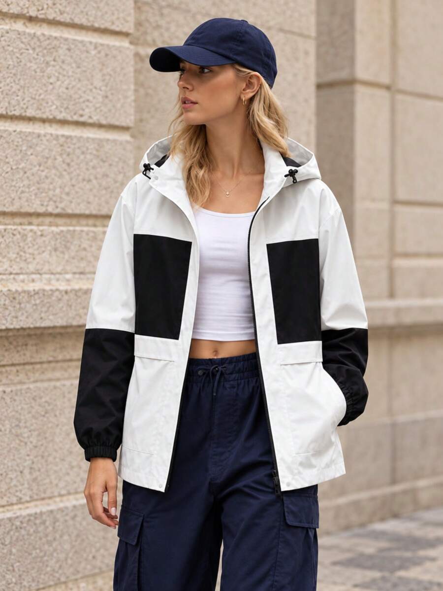 Women's Fashion Colorblock Woven Jacket, Long Sleeve, Regular Length, Hooded, Perfect Choice For Urban Casual Wear - White - View 1