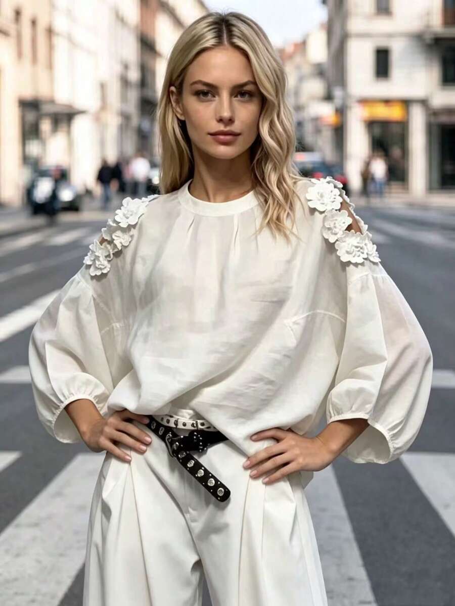 Women's Bohemian Style Elegant Casual Loose Long Lantern Sleeve Blouse, White Round Neck Shirt With Exquisite Applique, Long Bishop Sleeves With 3D Floral Applique, Hollow Out Details, Comfortable Non-Stretch, Suitable For Spring, Summer, Autumn, Winter - White - View 1