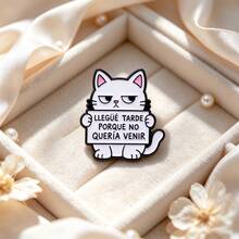 Funny Spanish Quote Cat Enamel Pin, Grumpy White Cartoon Cat Brooch, Cute Badge For Backpack Hat Clothing Decor, Lovely Gift For Man Women - Black and White - View 2