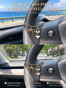 1pc Bowknot Decorated Steering Wheel Charm, Gold Chain White & Pink Bikini Enamel Pendant, Cute Car Interior Accessory Gift For Women & Girls - A - View 1