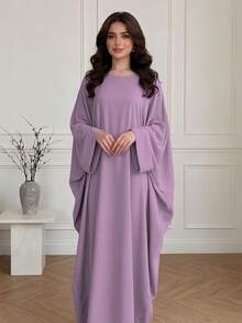Batwing Sleeve Hooded Hijab Long Robe, Loose Plus Size Casual Long Modest Set, Suitable For Middle Eastern Women's Daily Occasions - Multicolor - View 2