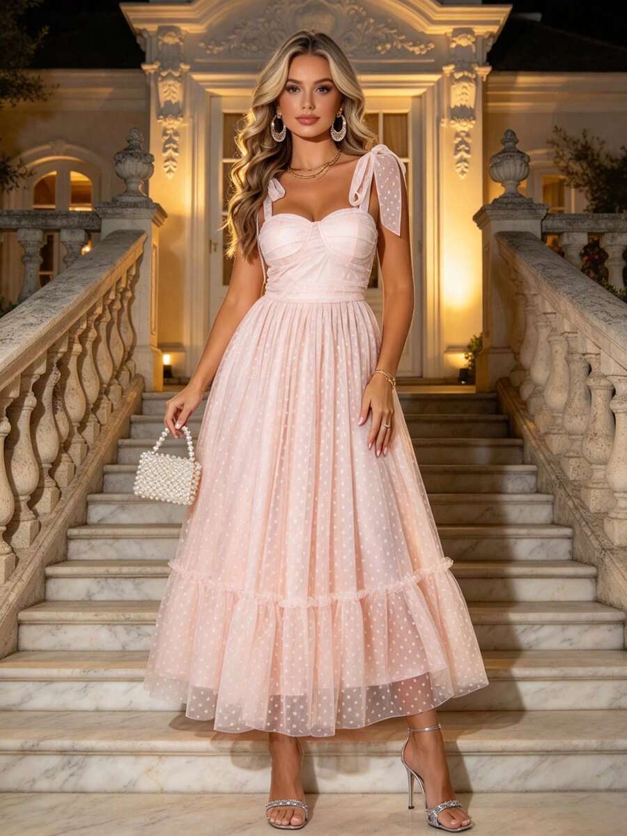 Joyfunear فستان نسائي بلون موحد من الشبك بحمالات رفيعة بتصميم مرح وأنيق للصيف - وردي فاتح - مشاهدة 1