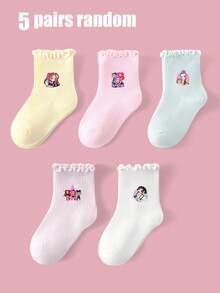 KPop Demon Hunters Spring/Autumn 5 Pairs Kids School Lace Socks, Anime K-POP Demon Hunter Girl Print Socks, Fashionable Soft Skin-Friendly Comfortable Sweat-Absorbent Breathable Mid-Calf Ruffle Edge Sports Socks, Suitable For Outdoor Sports/Back To School/Travel/Daily Wear, Random Color And Style - Multicolor - View 7