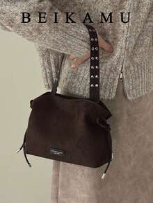 Women's Vintage Drawstring Bucket Bag, Rivet Decor Wide Strap Hobo Bag, Daily Commute Casual Crossbody Small Bag - Coffee - View 3
