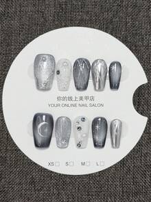 10pcs Handmade Blue Cat Eye Coffin Shaped Full Coverage Fake Nails, Decorated With Silver Moon And Beads, Fashionable And Exquisite, Easily Create Beautiful Nails, Adding Romantic Atmosphere To Fingertips And Subtly Displaying Bold Fashion Sense - Baby Blue - View 10