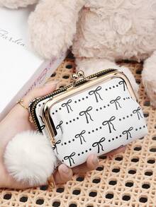 Fashionable Women's Pink Bow‑Print Kiss‑Lock Coin Purse, Fluffy Pom‑Pom Charm, Zipper Compartment, Suitable For Commuting And Shopping - Hot Pink - View 17