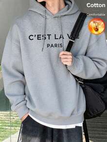 Autumn/Winter Men's Fleece Sweatshirt C'EST LA VIE PARIS Text Print Y2K - Floral Gray - View 9