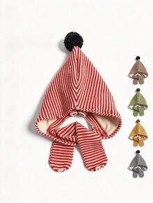 1pc Striped Knit Hooded Scarf, 2-In-1 Pom Pom Hat And Scarf Integrated Design, Soft Warm Knitted Neck Warmer, Cute Outdoor Warm Accessory Gift - Multicolor - View 8