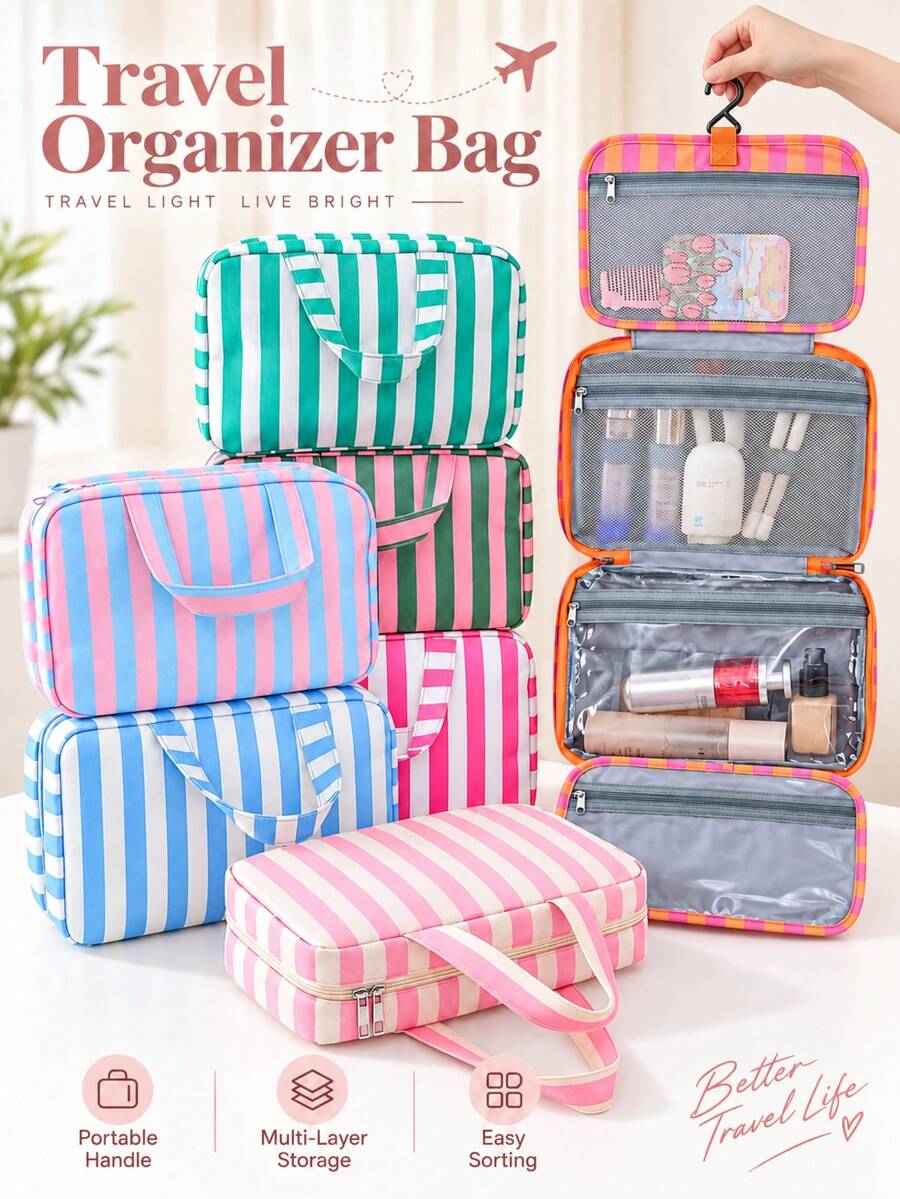 Travel Toiletry Bag, Multi-Layer Hanging Makeup Organizer, Vertical Stripe Smooth Zipper With Convenient Handle, Large Capacity Elegant Travel Cosmetic Bag, Suitable For Travel Toiletry, Business Trip, Daily Use, Back To School, Halloween Gift