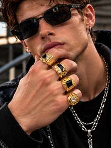 1/10/40/100pcs Hip Hop Gold Rings Men's Rings, Personalized Black Gemstone Rhinestone Rings, Fashion Jewelry Women's Accessories, Women's Rings, Party Daily Jewelry Gift - Gold - View 5