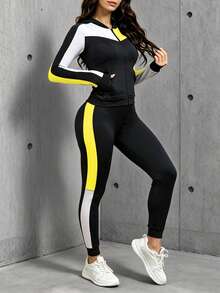 Women's Fashion Solid Color Patchwork Hooded Zip-Up Cardigan Jacket With Pockets And Long Sleeve Yoga Sports Knit Set - Multicolor - View 3
