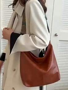Print Woven Strap Decorated Large Capacity Multi-Item Storage Vintage Relaxed Shoulder Bag Suitable For Commuting School Short Trips With Adjustable Wide Strap Shoulder Large Bag Artistic Atmosphere Casual Underarm Bag Personalized Versatile Bag - Brown - View 3
