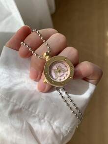 Women's Silver Necklace Quartz Watch, Gold Case With Pink Dial, Suitable For Daily Wear And Party Occasions - Silver - View 4