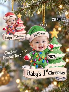 1pc Custom Baby's 1st Christmas Photo And Text Ornament, Personalized Glitter Santa Baby Outfit Keepsake Gift,Newborn First Christmas Memory - Multicolor - View 3