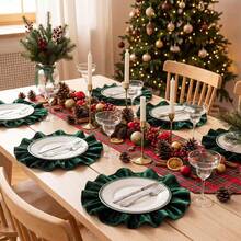 1pc/1set, Green, Red, High-Quality Velvet Christmas Placemat, Unique Pleated Lace Design, 40cm Diameter Round Table Decor Mat, Christmas Home Decoration, Suitable For Parties, Gatherings, Family Dinners - Multicolor - View 7