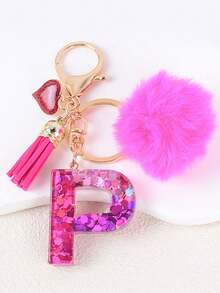 1pc Letter Keychain With Heart Pendant, Cute Rose Red Pom Pom Tassel Key Chain Decoration - Multicolor - View 24