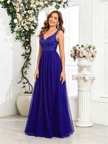 XUCTHHC Elegant Heart Neckline Sleeveless Sequin Mesh A-Line Formal Party Dress, Suitable For Prom, Wedding Guest, Bridesmaid, Holiday - Royal Blue - View 3