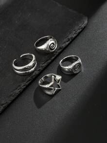 4pcs Vintage Silver Spiral Star Ring Set, Retro Subculture Hollow Pentagram Stackable Open Rings, Versatile For Daily Wear, Halloween Essential, Father's Day Gift, Husband Gift - Silver - View 5