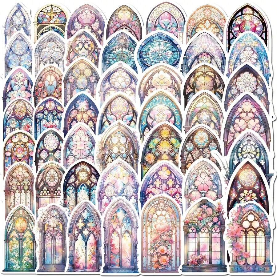 Gothic Stained Glass Window Stickers, Vintage Floral Church Window Decals, Waterproof Vinyl Stickers, Suitable For Journals, Phone Cases, Water Bottles, Laptops - Multicolor - View 1