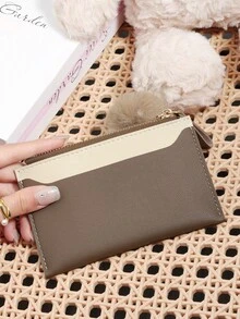 محفظة نسائية قصيرة بسحاب بتصميم كتل لونية عصرية، مع تعليقة بوم بوم، فتحات متعددة للبطاقات بسعة كبيرة، مناسبة للتنقل والتسوق - ارجواني - مشاهدة 19