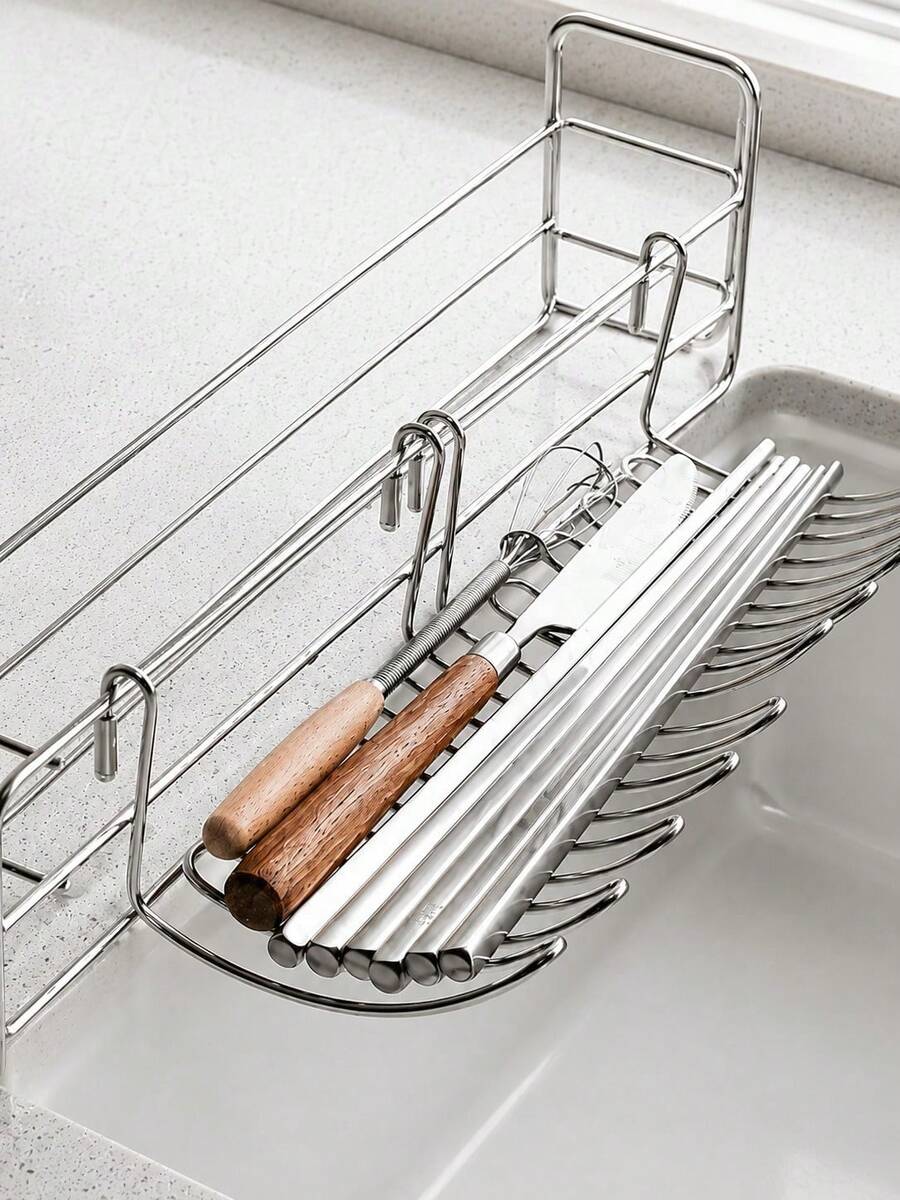 1pc Stainless Steel Kitchen Sink Edge Hanging Drain Rack, Multi-Functional Storage Basket For Cookware And Knives, No Drill Required, Space-Saving Kitchen Countertop Organizer