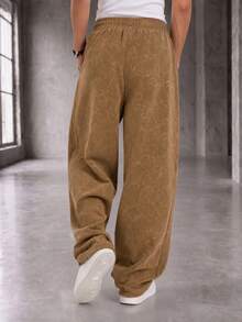 GRDR Men's Elastic Waist Drawstring Casual Pants, Washed Loose Drape Lazy Wide Leg Long Pants - Brown - View 3