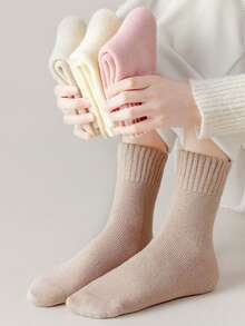 6 Pairs Women Solid‑Color Fleece Lined Thick Mid‑Calf Socks, Ribbed Cuff Warm Plush Home Floor Socks For Cold Autumn Winter - Multicolor - View 8