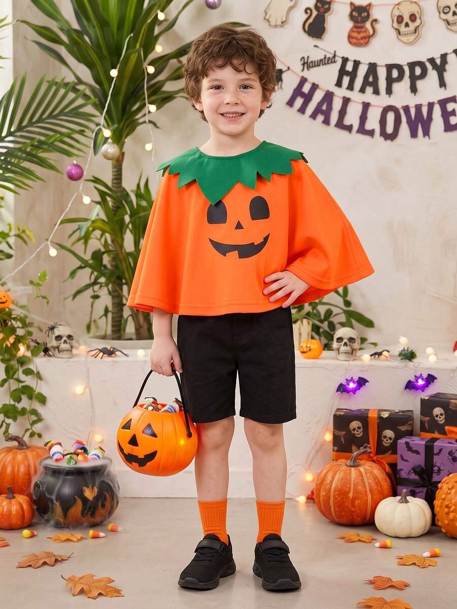 Boys & Girls Halloween Pumpkin Shaped Cape, Cute Smiling Face Print Cloak - Burnt Orange - View 1