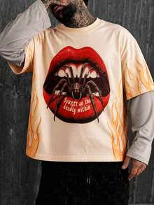 Krometka Men's American Vintage Red Lips Spider Print 2 In 1 Long Sleeve T-Shirt, Side Flame Pattern High Street Top - Apricot - View 5