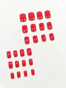 24pcs Short Square Fake Nails, Solid Color, French Style Nail Tips Kit, Nail Art Accessories Press On Nails Nail Supplies - Red - View 2
