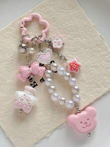 1pc Ins Style Bear Pearl Beaded Keychain With Bow And Heart Pendant, Bag Charm, Phone Strap - Multicolor - View 3