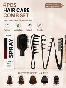 4pcs Hair Comb Set, 2-In-1 Spray Comb, Anti-Static Wide Tooth Comb, Detangling Comb, Straightening Comb, Moisturizing Comb, Suitable For All Hair Types, Women's Hair Accessories, Hair Care Products, Hair Styling Tools, Salon Equipment - Multicolor - View 2
